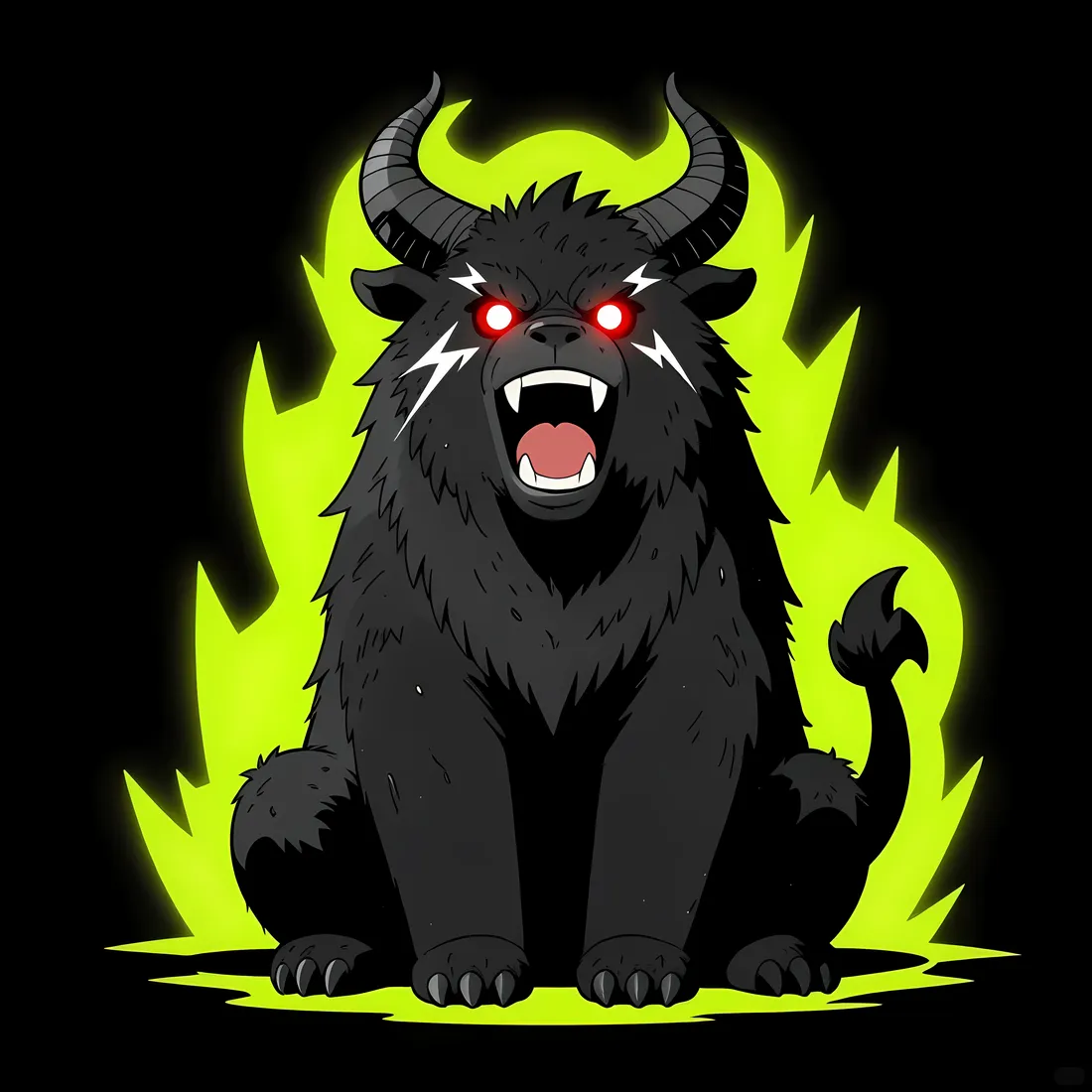 A Lil Monster: a black horned beast wreathed in neon green fire